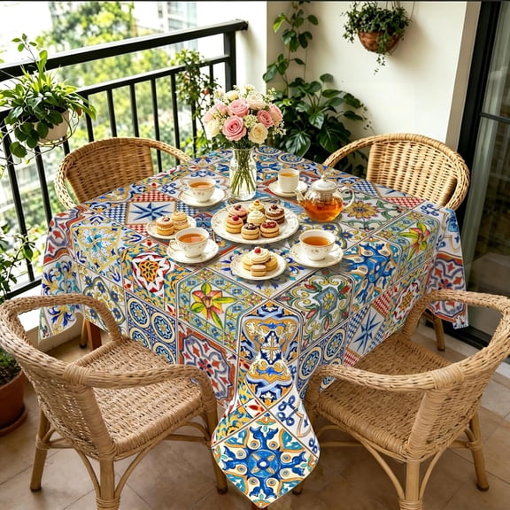 Boho Square Tablecloth 70x70 Inch, Plaid Bohemian Polyester Waterproof Tablecloth, French Farmhouse Plaid Boho Table Cloth for Indoor and Outdoor, Holiday Kitchen Dining and Party