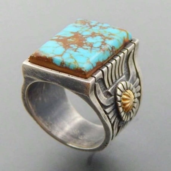 Boho Square Turquoise Ring In Silvertone With Gold Accent, Color 10