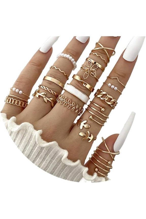 Boho Stackable Rings Set for Women,Vintage Knuckle Ring Set Preppy Y2k Leaf Top Flower Pearl knuckle Rings Set