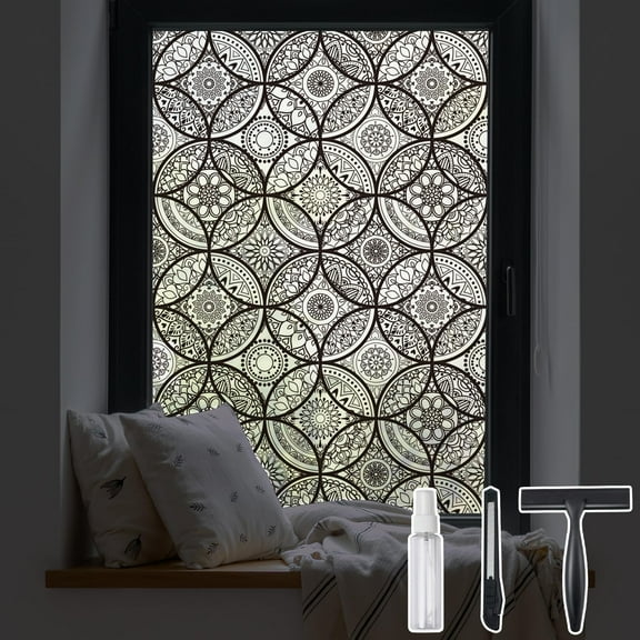 Boho Stained Glass Look Window Privacy Film with Installation Tools, Decorative Frosted Glass Window Film Static Cling No Glue Removable, Pure Black, 17.7" x 78.7"