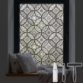 Tivkeber Boho Stained Glass Look Window Privacy Film, Frosted Static Cling No Glue Removable, Pure Black, 17.7" x 78.7" with Tools