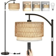 Boho Standing Lamps with Rattan& Linen Double Shades, Arc Lamps Floor Standing with 9W Bulb, Foot Switch, Rattan Floor Lamps for Living Room, Bedroom, Office-Drum