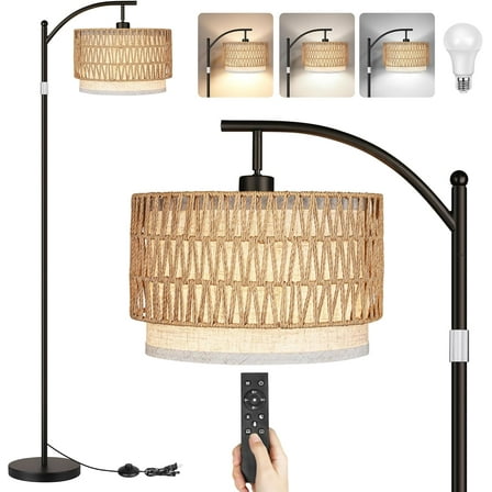 Boho Standing Lamps with Rattan& Linen Double Shades, Arc Lamps Floor Standing with 9W Bulb, Foot Switch, Rattan Floor Lamps for Living Room, Bedroom, Office-Drum