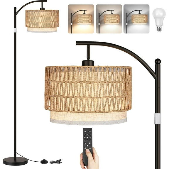 Boho Standing Lamps with Rattan& Linen Double Shades, Arc Lamps Floor Standing with 9W Bulb, Foot Switch, Rattan Floor Lamps for Living Room, Bedroom, Office-Drum
