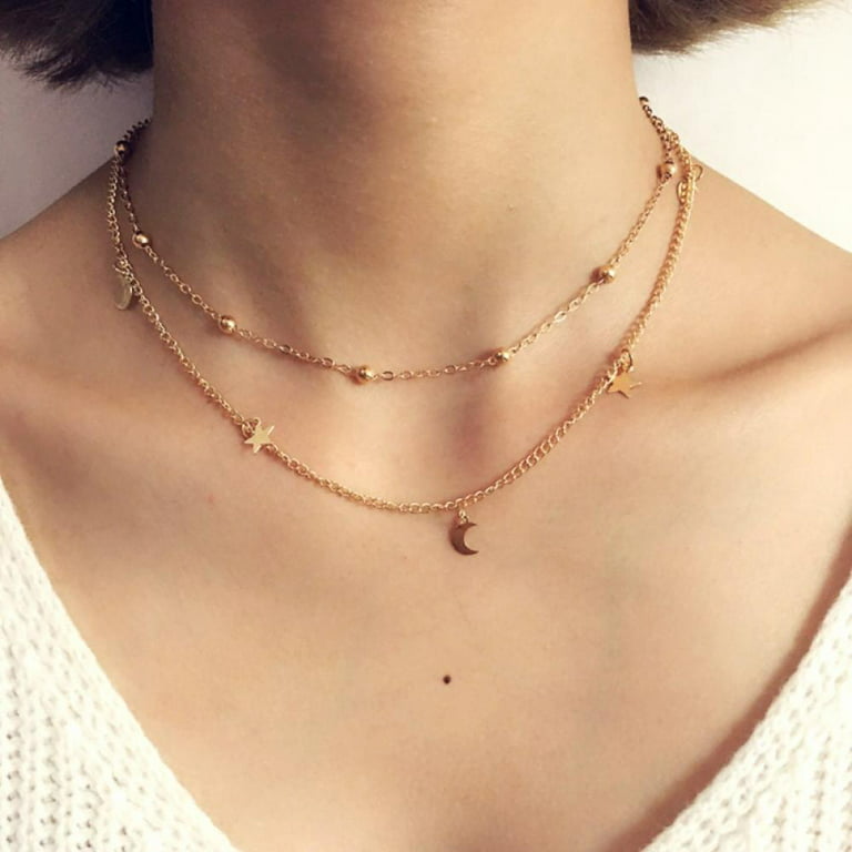 Boho Star Moon Bead Multilayer Chockers Necklace For Women Wedding  Necklaces Pendants Layering Chokers,Gold/Silver