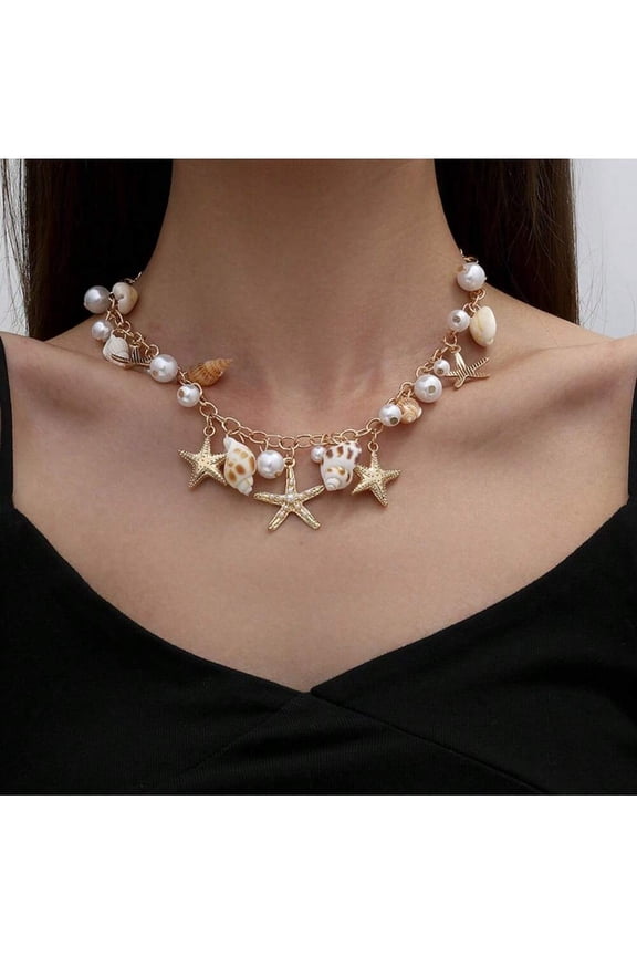 Boho Starfish Seashell Shell Pendant Necklace Adjustable Multilayered Natural Conch Pearl Seashell Choker Necklace Ocean-Themed Statement For Women Summer Beach Vacation Holiday Jewelry Gifts
