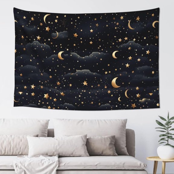 Boho Stars And Moon Tapestry Vertical Wall Hanging 60 x 40 Inch Dark Background Decorative Home Decor