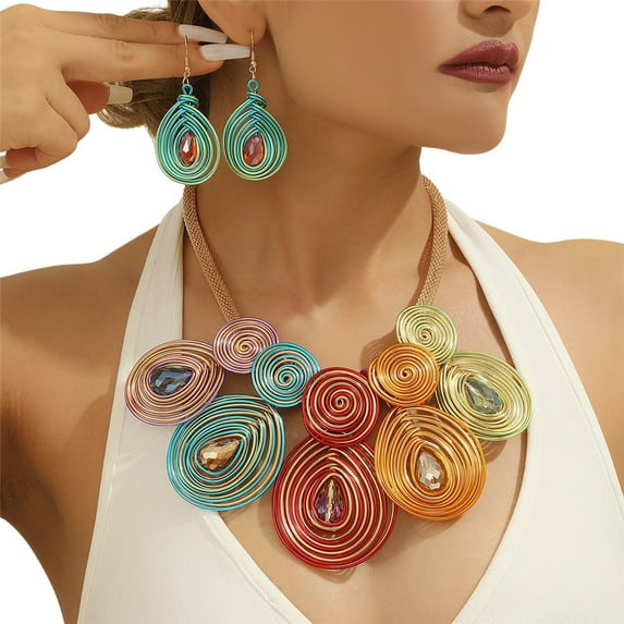 Boho Statement Aluminum Wire Necklace Set For Women Tribal Fashion Costume Jewelry Earring Sets Unique Colorful Big Rhinestone Crystal Pendent Collar Choker Bib Handmad