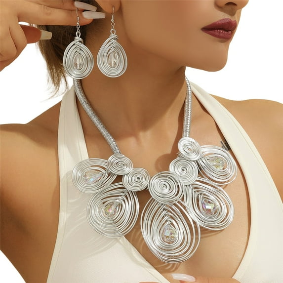 Boho Statement Aluminum Wire Necklace Set For Women Tribal Fashion Costume Jewelry Earring Sets Unique Colorful Big Rhinestone Crystal Pendent Collar Choker Bib Handmad