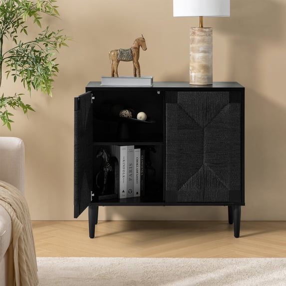 Boho Storage Accent Cabinet 2 Rope Woven Doors with Cable Management Black