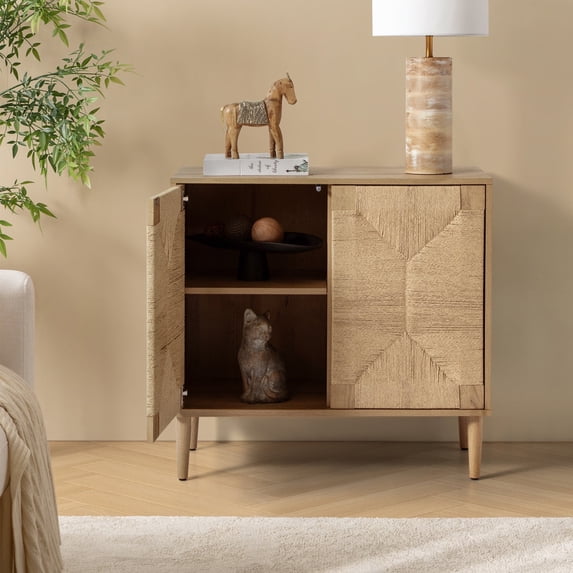 Boho Storage Accent Cabinet 2 Rope Woven Doors with Cable Management Oak