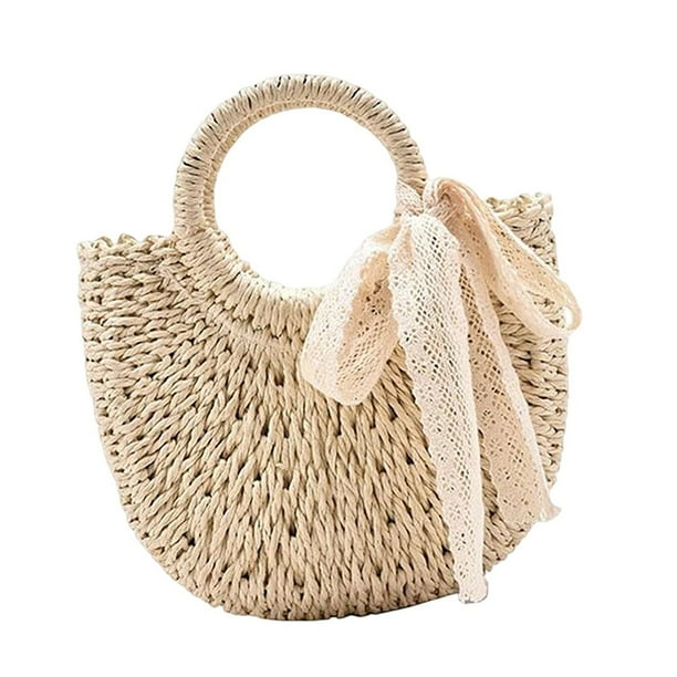 Runquan Gift Straw Bag Beach Shoulder Bag for Ladies Shopping Travel Tote Large Lace Beige Beige