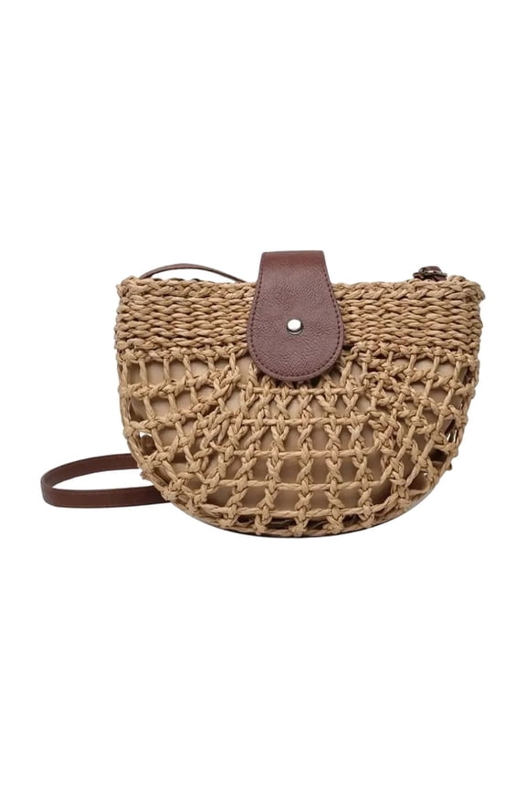 Boho Straw Half Moon Handbag for Women with Hollow Design for Beach Vacation and Summer Outfits