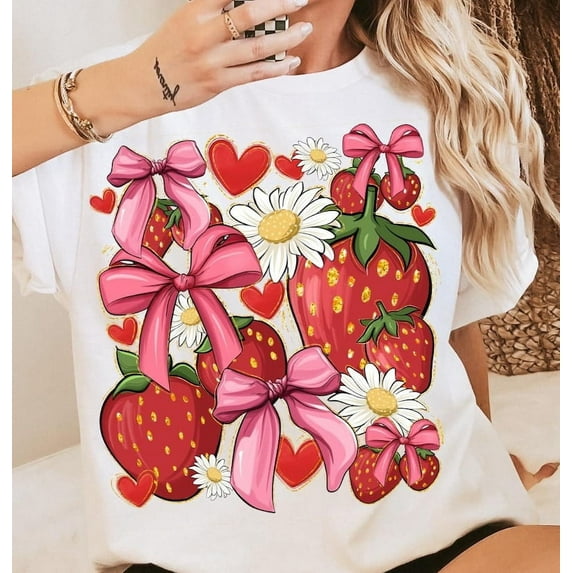 Boho Strawberry Coquette Shirt, Summer Strawberry Shirt, Preppy Strawberry Festival Shirt, Floral Strawberry Shirt
