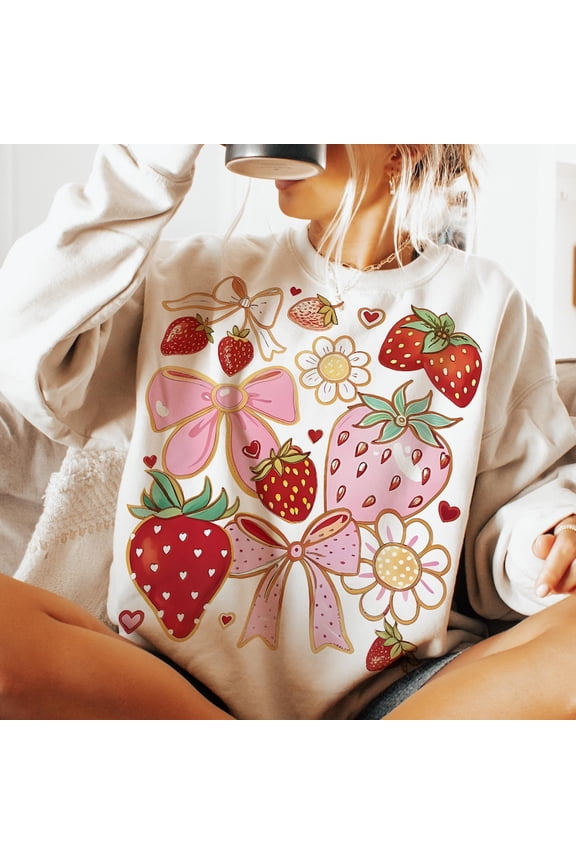 Boho Strawberry Coquette Sweatshirt, Preppy Floral Summer Shirt, Cute Fruit Festival Outfit, Trendy Aesthetic Cottagecore Look