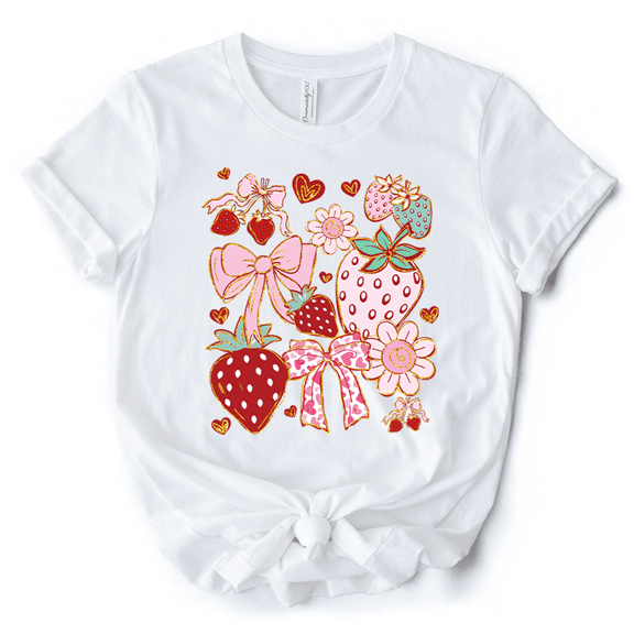 Boho Strawberry Coquette T-Shirt, Cute Bow and Floral White and Natural Tee for Sweet and Stylish Women