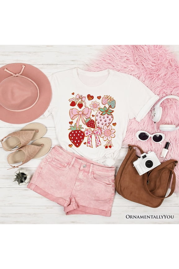 Boho Strawberry Coquette T-Shirt, Cute Bow and Floral White and Natural Tee for Sweet and Stylish Women