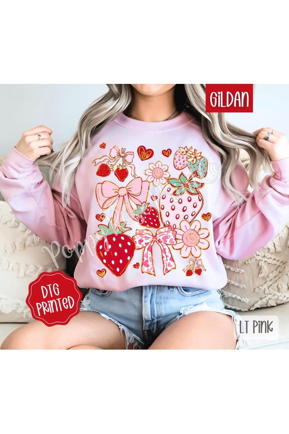 Boho Strawberry Sweatshirt, Cute Women's Coquette Floral Sweater, Trendy Fruit Crewneck, Summer Berry Sweatshirt, for Her All Size S-5Xl