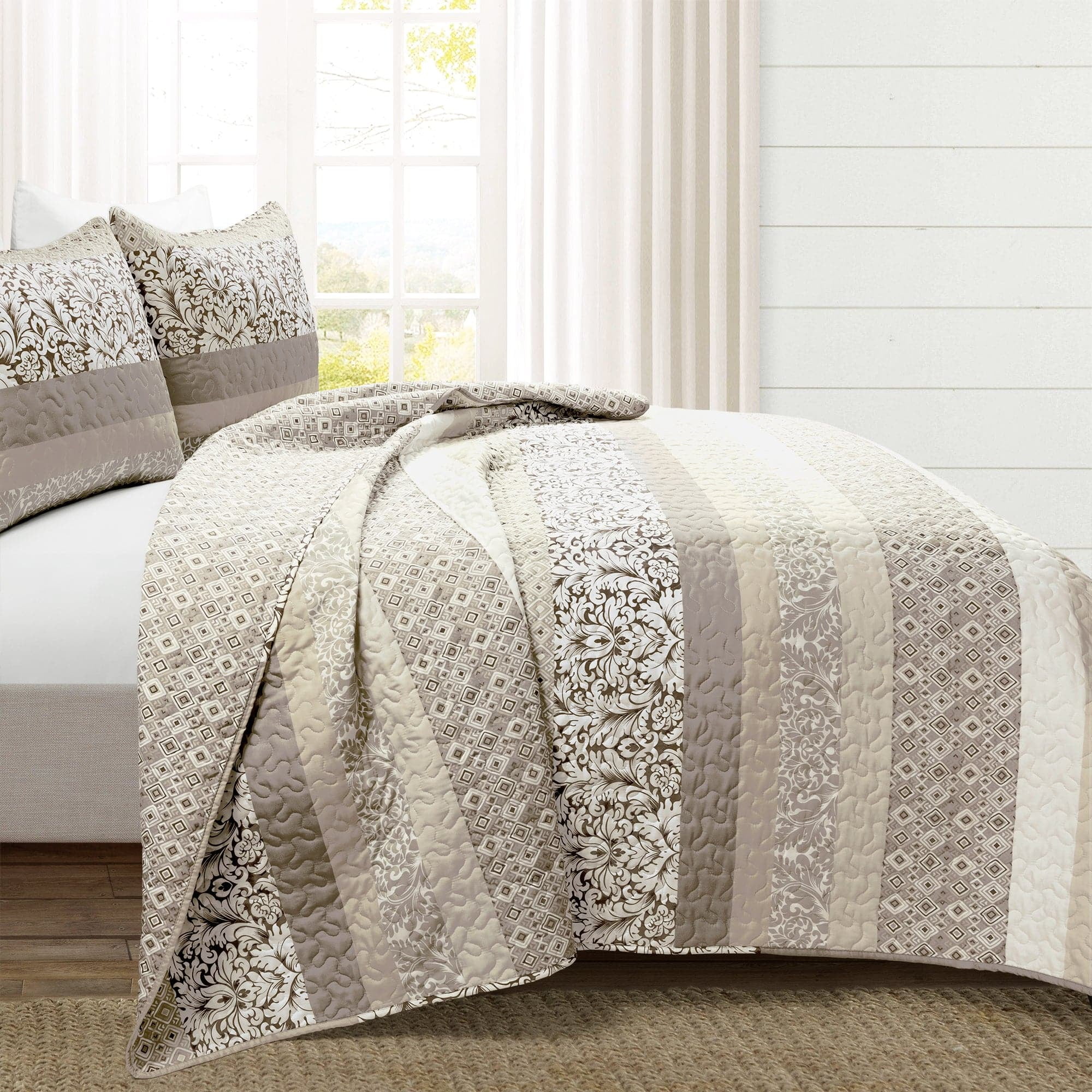 Neutral Boho Stripe Reversible King Cotton Quilt Set