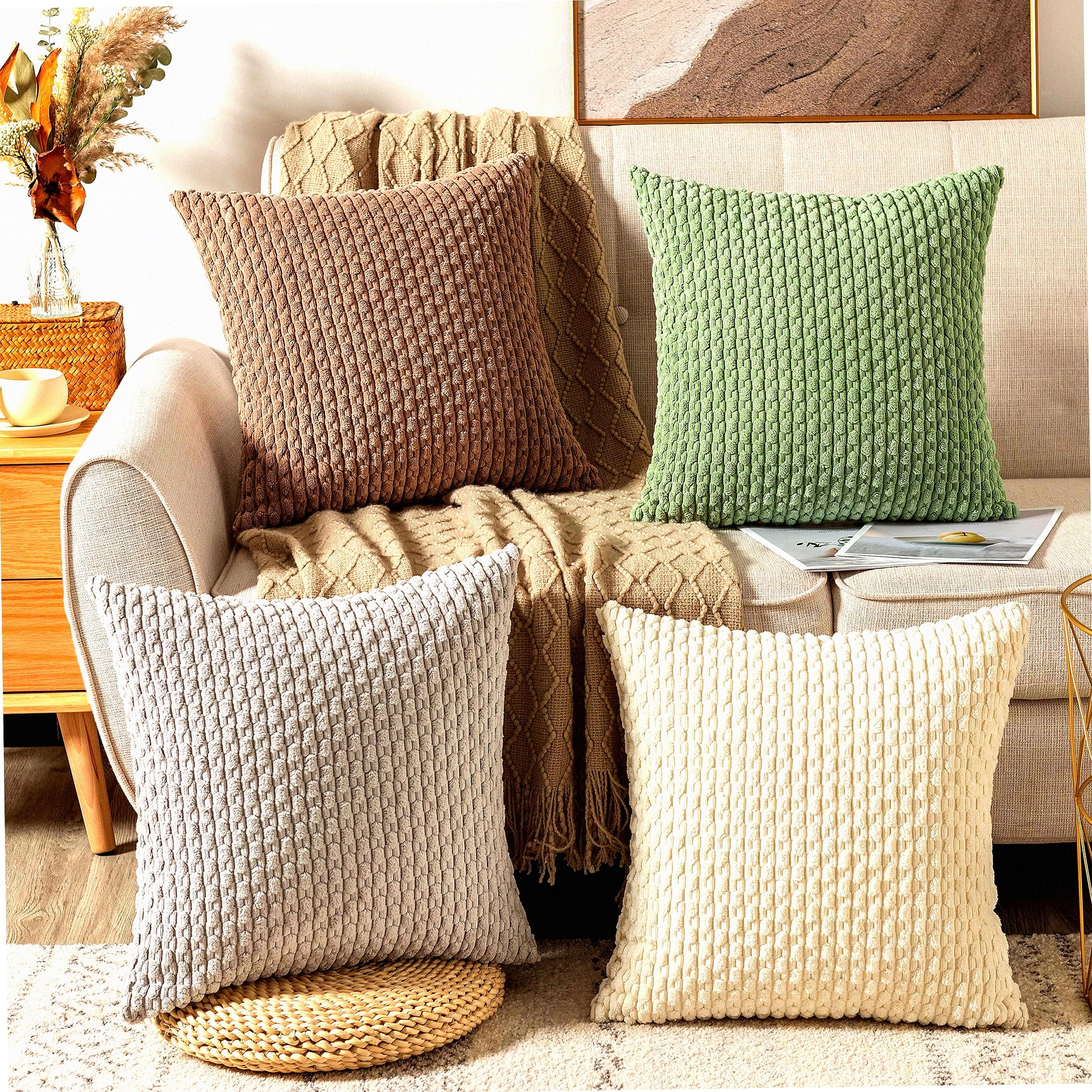 Set of 4 Neutral Corduroy Boho Throw Pillow Covers 18x18