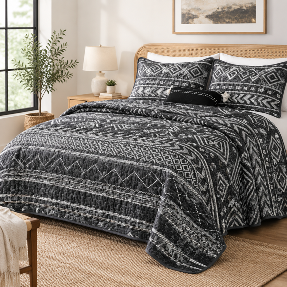 Boho Stripe King Size Quilt Set, Black, 3-Piece Bedding for Bedroom Decor