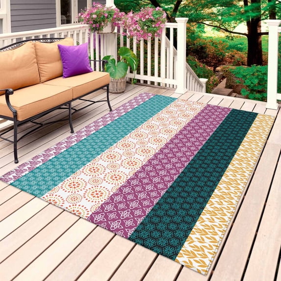 Boho Stripe Outdoor Rug for Patio/Deck/Porch, Non-Slip Large Area Rug 3 x 5 Ft, Geometric Bohemian Aztec Vintage Tribe Indoor Outdoor Rugs Washable Area Rugs, Reversible Camping Rug Carpet Runner