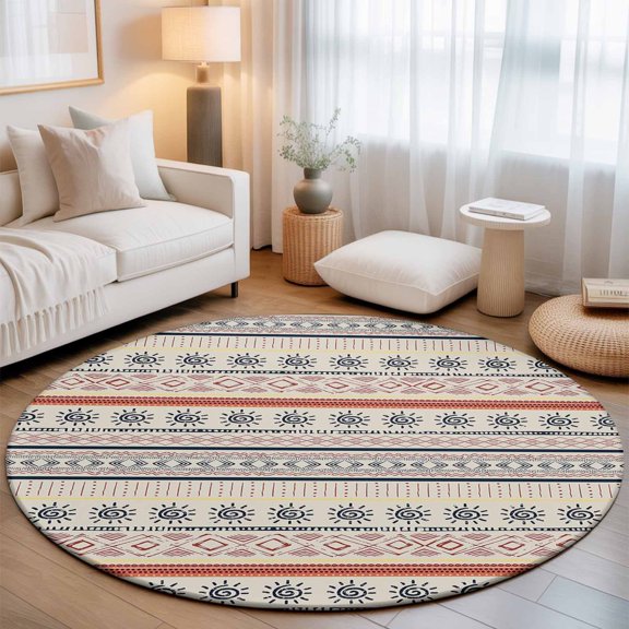 Boho Stripe Retro Ethnic Style Round Rug 5ft Indian Sketch Sun Art Abstract Line Washable Area Rugs for Living Room Bedroom Entryway Non Slip Entrance Door Mat Indoor Floor Carpet