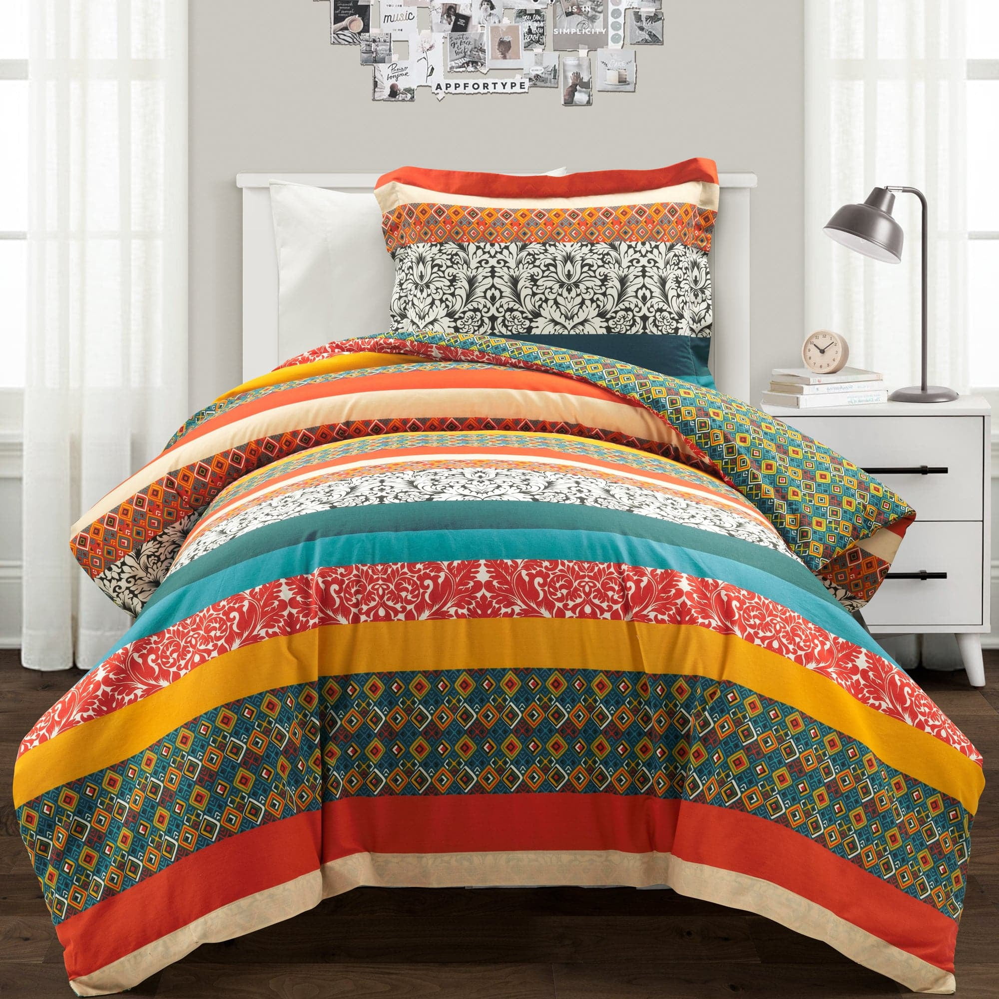 Turquoise and Tangerine Boho Stripe Reversible Cotton Duvet Cover Set