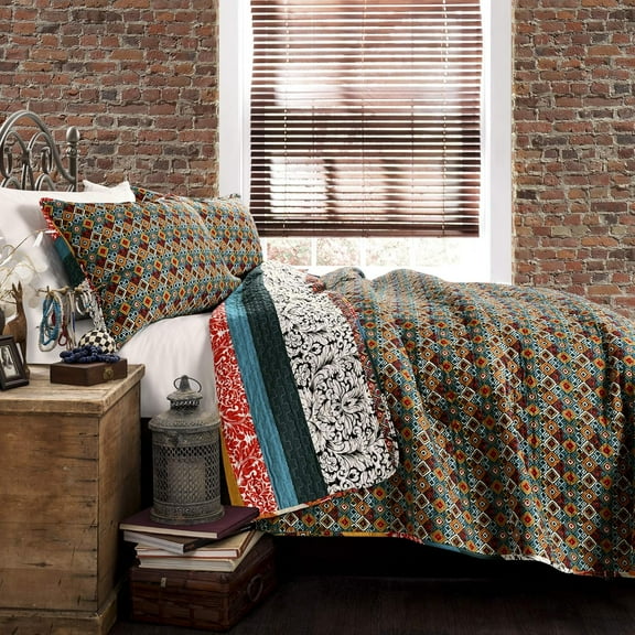 Boho Stripe Reversible Cotton Quilt 3-Piece Set, King, Turquoise & Tangerine - Bold Colorful Bohemian Bedding Set