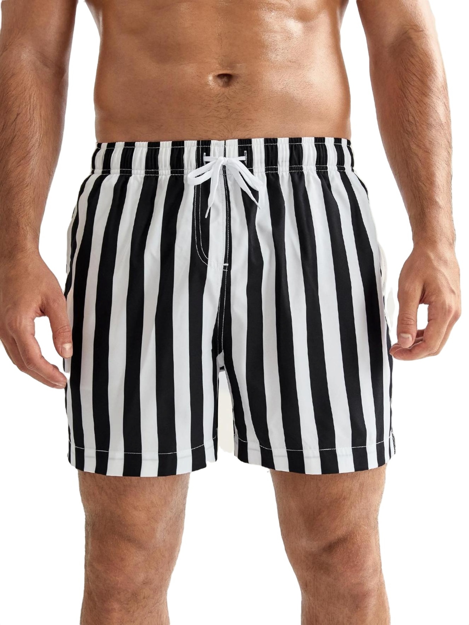Boho Striped Bottoms Black and White Drawstring Waist Men Beach Shorts