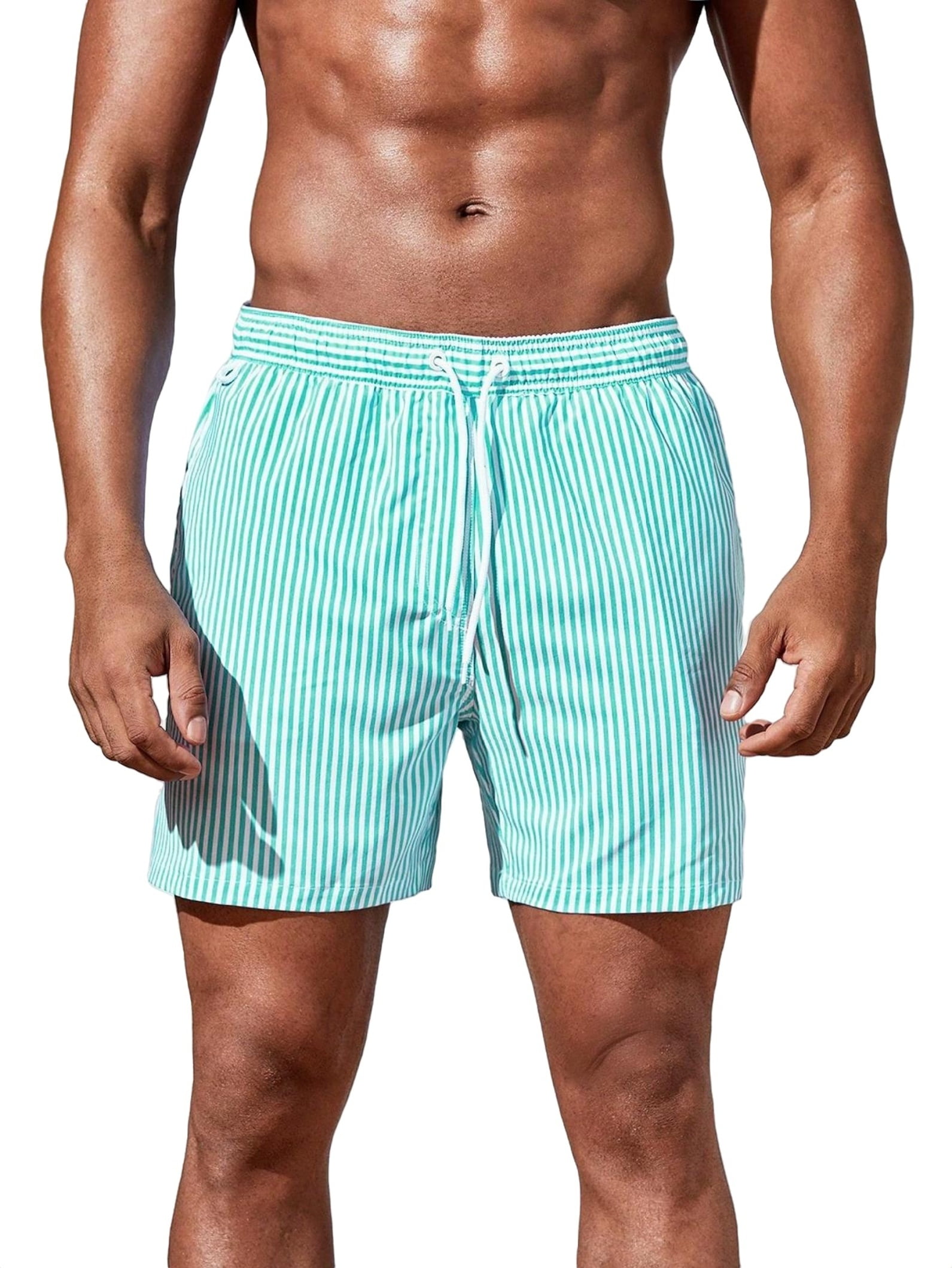 Boho Striped Bottoms Green Drawstring Waist Men Beach Shorts (Men's ...