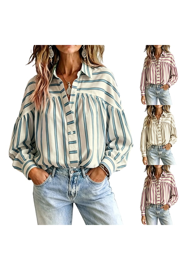 Boho Striped Button Down Shirt for Women, Vintage Long Sleeve Puff Sleeve Blouse, Oversized Loose Fit Casual Tops, Fall Fashion Tunic Blue L