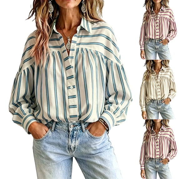Boho Striped Button Down Shirt for Women, Vintage Long Sleeve Puff Sleeve Blouse, Oversized Loose Fit Casual Tops, Fall Fashion Tunic Hot Pink S