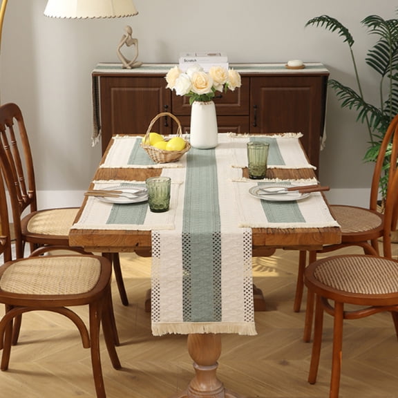 Boho Striped Cotton Linen Table Runner with Tassels, Hollow Woven Jute Spliced Farmhouse Table Decor, Neutral Rustic Long Tablecloth for Dining Coffee Party Table Green