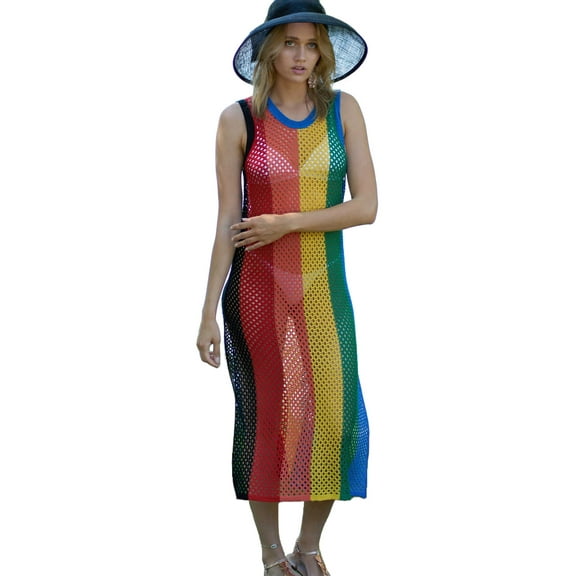 Boho Striped Crochet Tunic Bikini Cover-ups Sexy Sleeveless Mid-calf Length Mesh Dress Women Beach Wear Casual Maxi Dresses