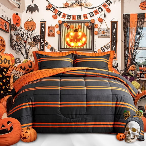 Boho Striped Halloween Bed in a Bag 7 Pieces King Size, Ombre Bright Orange Stripes on Black Comforter Sheet Set