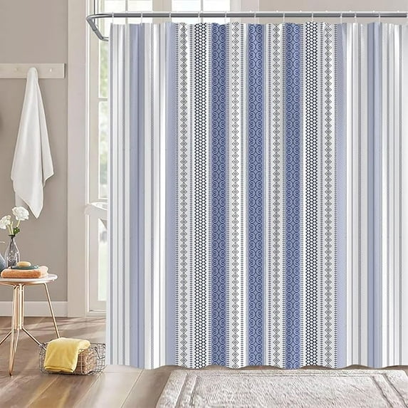 Boho Striped Shower Curtain Modern Abstract Geometric Stripes Blue Vintage Rustic Farmhouse Fabric Bathroom Decor Curtain With Hooks 48"W x 72"L