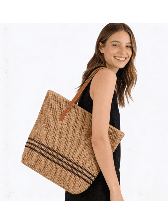 Boho Striped Straw Tote Bag for Women, Large Beach Shoulder Bag(Brown)