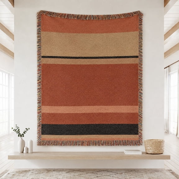Boho Striped Woven Throw Blanket – 100% Cotton, Rust Terracotta, Fringe Edges, 3 Sizes
