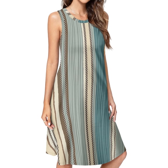 Boho Stripes Bohemian Spring Summer Dresses for Women Fashion T-shirt Dress Casual Sleeveless Loose Sundress with Pockets
