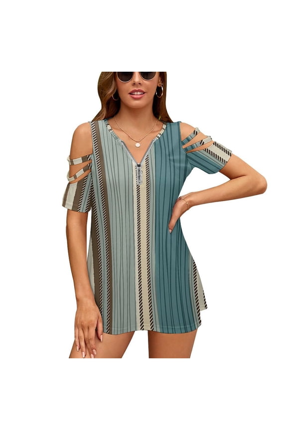 Boho Stripes Bohemian Womens Summer V Neck Zipper Top Short Sleeve T Shirt Off Shoulder Top Casual Classy Loose Shirts
