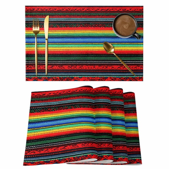 Boho Stripes Placemats Set of 6 Rainbow Red Blue Blue Green Ethnic Pattern Place Mats Indoor Wipeable Table Mats Washable Cloth Dining Table Placemats for Kitchen Holiday Party Home Decor 13x19 Inch
