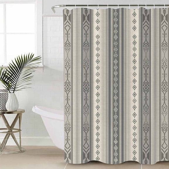 Boho Stripes, Standard Shower Curtain Set, Waterproof Shower Curtains for Bathroom, Beige Geometric Modern Flower Stripe Washable Fabric Cloth Bath Curtain for Bathtub with Hooks 72x72 Inches
