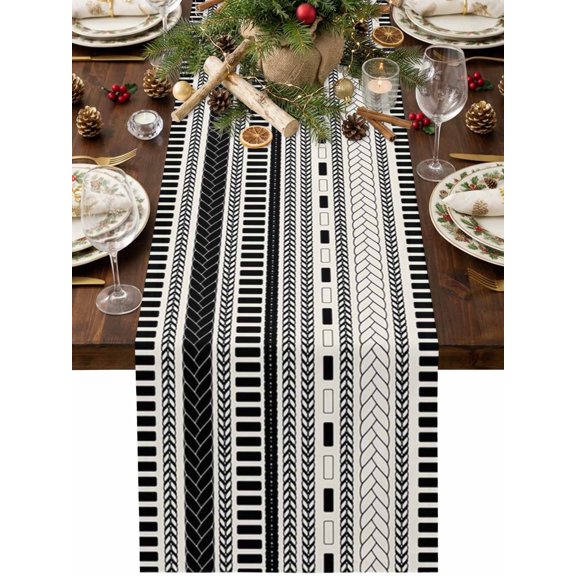 Boho Stripes Table Runner 48 Inches Long, Winter Black Beige Knit Chevron Striped Woven Textures Cotton Linen Dining Table Runner Dresser Scarves for Home Kitchen Party Decor 13"x48"