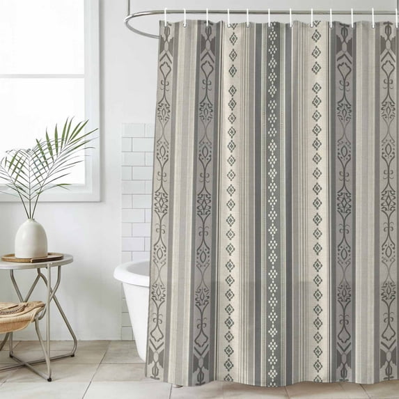 Boho Stripes,Waterproof Fabric Shower Curtain,Beige Geometric Modern Flower Stripe Waterproof Fabric Shower Curtain for Bathroom Curtains Bathtubs Hotel Shower Curtains with 12 Hooks Standard 66x72