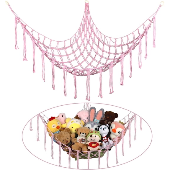 Boho Stuffed Animals Net or Hammock Large,55 inch Toy Hammock Macrame Stuff Animal Storage Corner Hanging Net Holder,Mesh Hammock Plush Toy Organizer with Hooks for Bedroom,Nursery