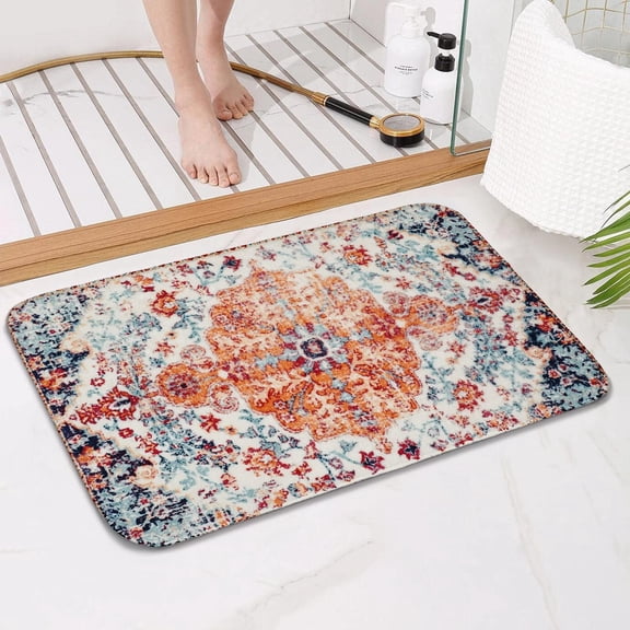 Boho Style Bathroom Rugs Farmhouse Bohemia Bath Mat Non-Slip Water Absorbent Bath Rug Soft Microfiber Floor Mats for Bathroom Tub and Shower Room 17x27 inch Orange