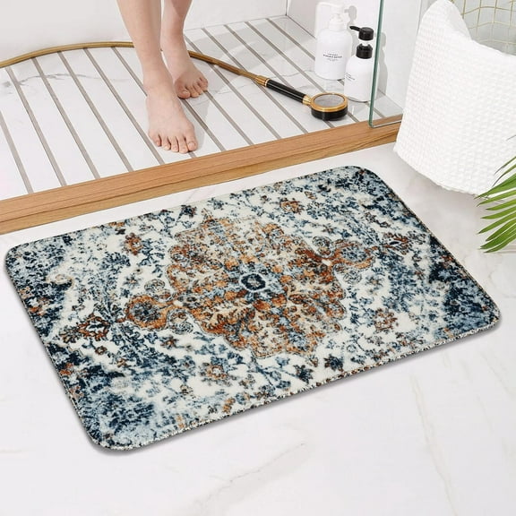 Boho Style Bathroom Rugs Farmhouse Bohemia Bath Mat Non-Slip Water Absorbent Bath Rug Soft Microfiber Floor Mats for Bathroom Tub and Shower Room 17x27 inch Blue