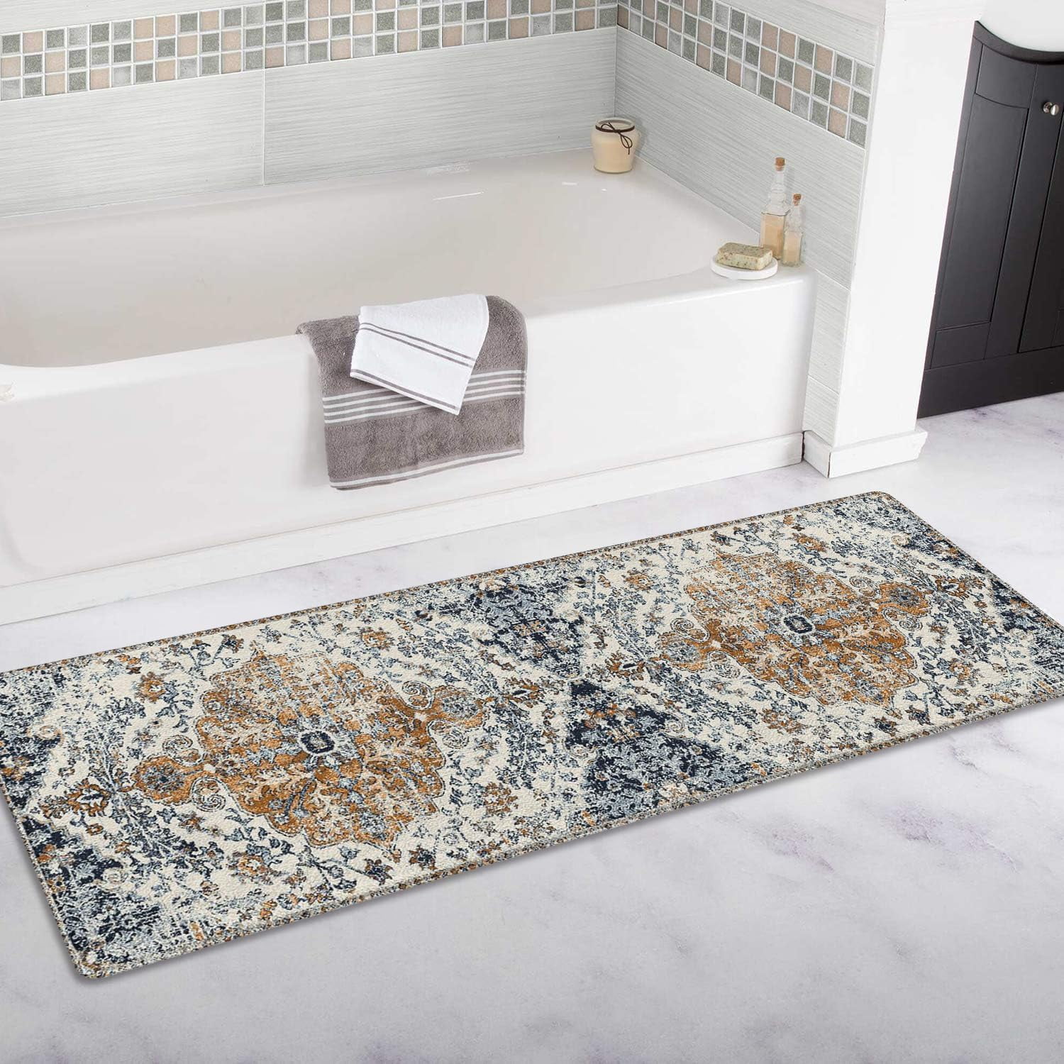Boho Style Bathroom Rugs Farmhouse Bohemia Bath Mat Non-Slip Water Absorbent Bath Rug Soft Microfiber Floor Mats for Bathroom Tub and Shower Room 17x47 inch Blue