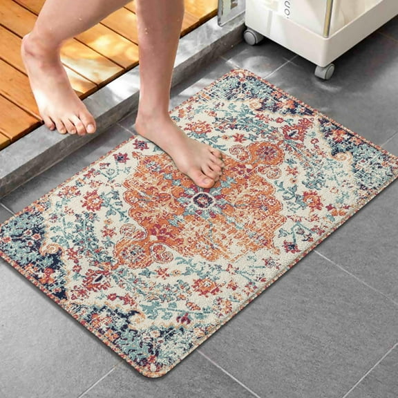 Boho Style Bathroom Rugs Farmhouse Bohemia Bath Mat Non-Slip Water Absorbent Bath Rug Soft Microfiber Floor Mats for Bathroom Tub and Shower Room Orange